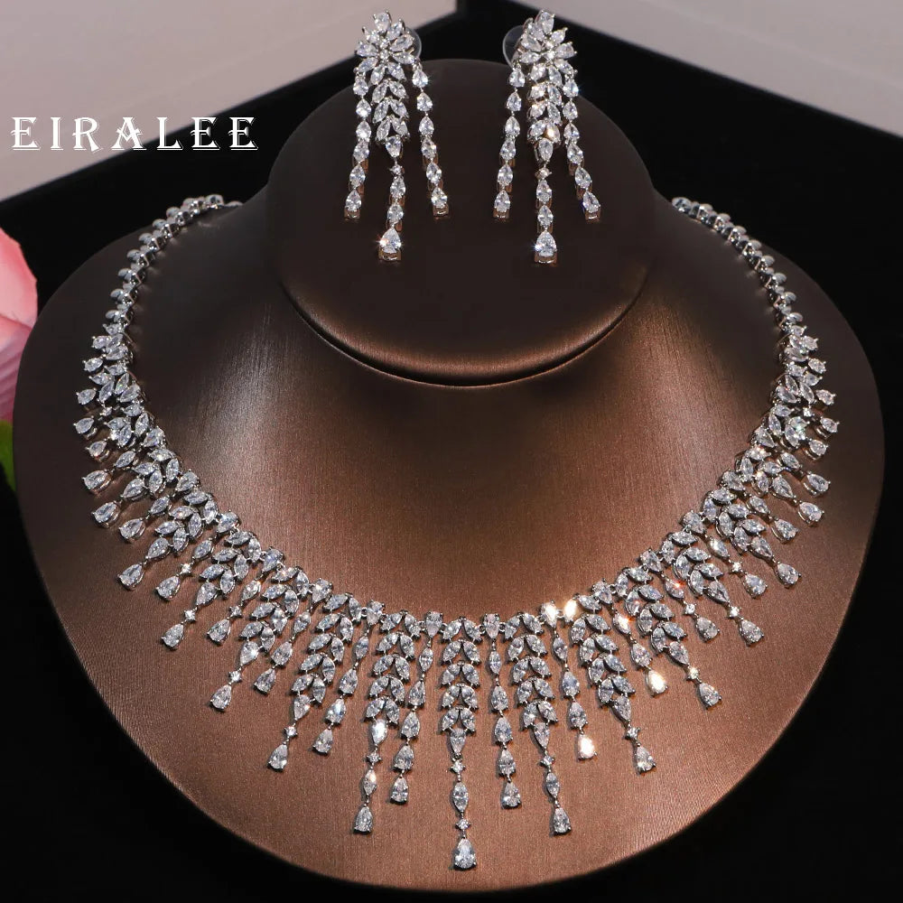 EIRALEE African Bridal Jewelry Set Fashion Leaf Shape Fringe Zircon Necklace 2-piece Set Women's Wedding Party Accessories