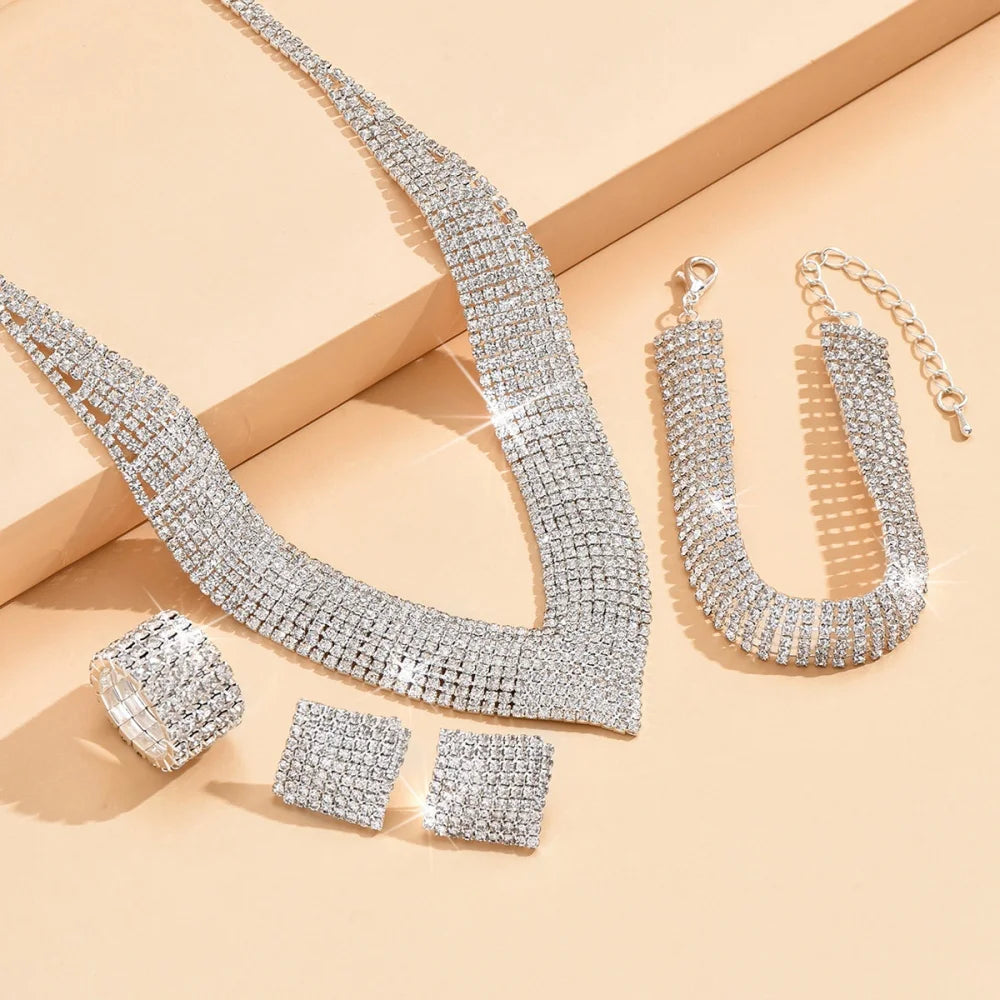 2025 New Middle East Hot Selling Four Piece Set Fashionable Silver Color Necklace Bracelet Ring Jewelry Set Bridal  Accessories