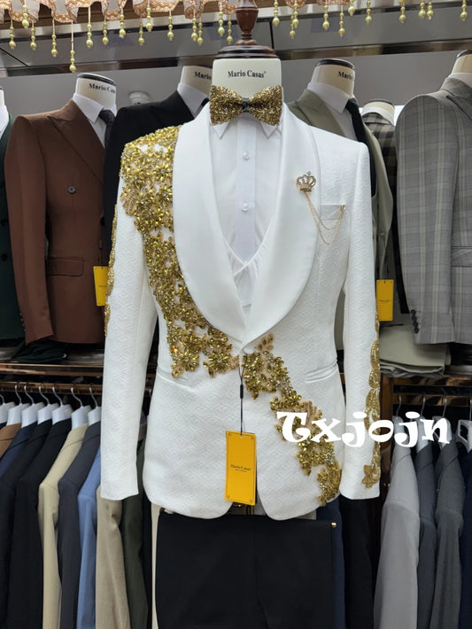 New Arrival Golden Beaded Men's Suits 3 Pieces Wedding Groom Sets Ellegant Jacquard Suit Set For Men Banquet Party Tuxedo