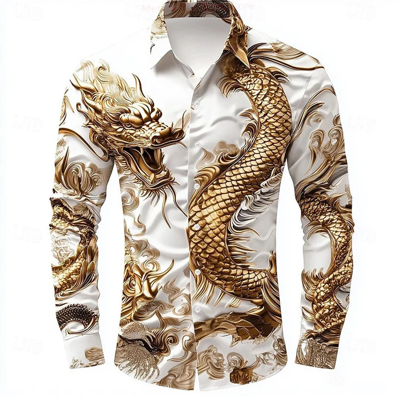 multicolour Dragon Men's Long Sleeve Shirt Button Fashion Casual Shirt Vacation Everyday Spring Lapel 3D Printed Men's Clothing
