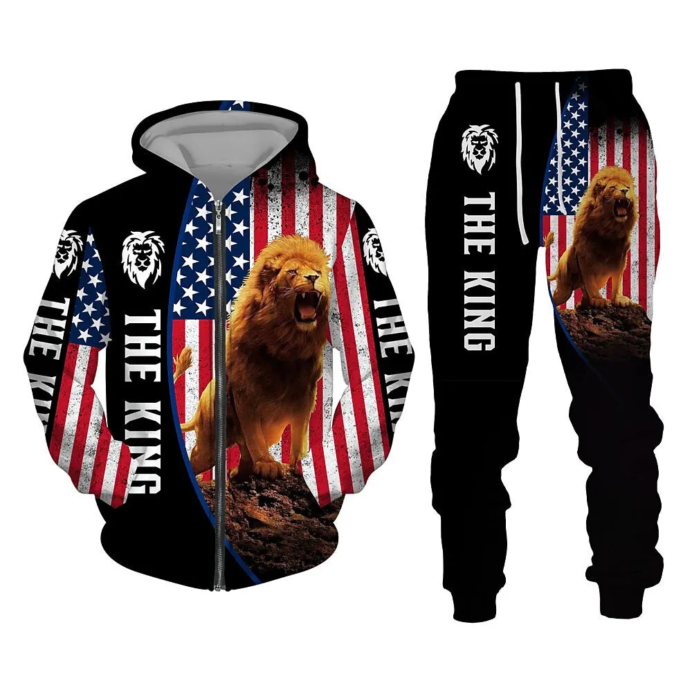 Men's Zip Hoodie Tracksuit Full Hoodies Set Lion Graphic Zipper 2 Piece Hooded Sports Outdoor Casual Sports 3D Print Streetwear