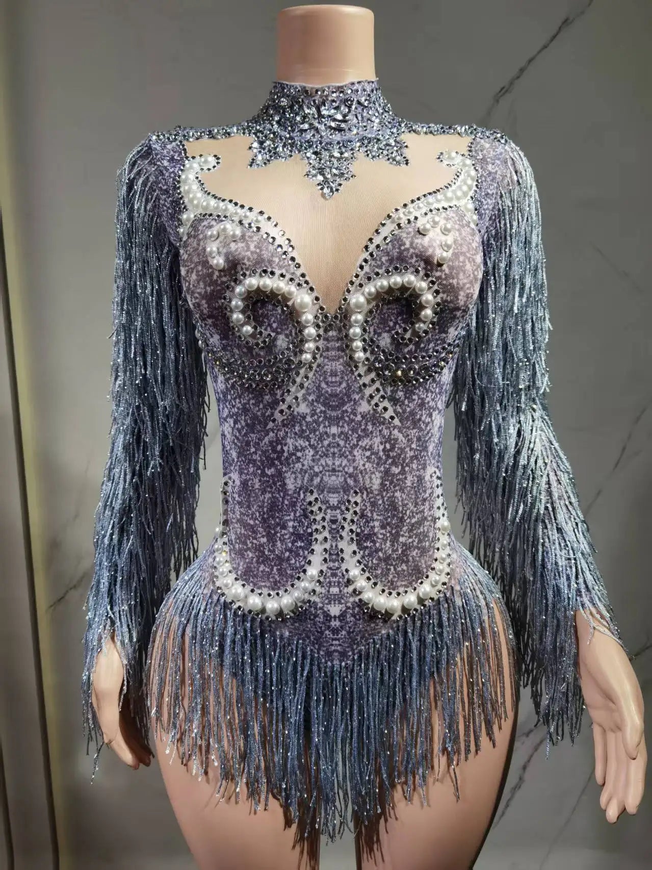 Luxury Gray Fringe Silver Rhinestones Pearls Transparent Bodysuit Women Dance Show Costume Birthday Party Outfit