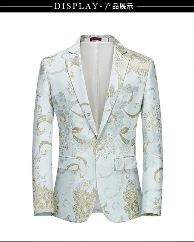 New Men Fashion Trend Wedding Party Jacquard Suit Jacket Single-breasted Slim Blazer Singer Host Stage Performance Dress Coats