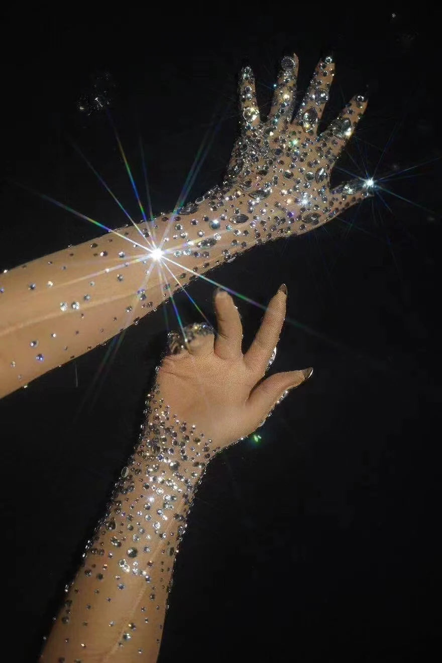 Luxurious Stretch Rhinestone Gloves WomenSparkling Crystal Mesh Long Perspective GlovesDancer Singer Stage Wear Accessories  7G