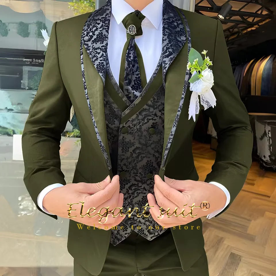 Men's 3-Piece Suit Set, Black Jacquard Vest, Contrast Style, Suit, Vest & Trousers, Weddings & Celebrations Choice