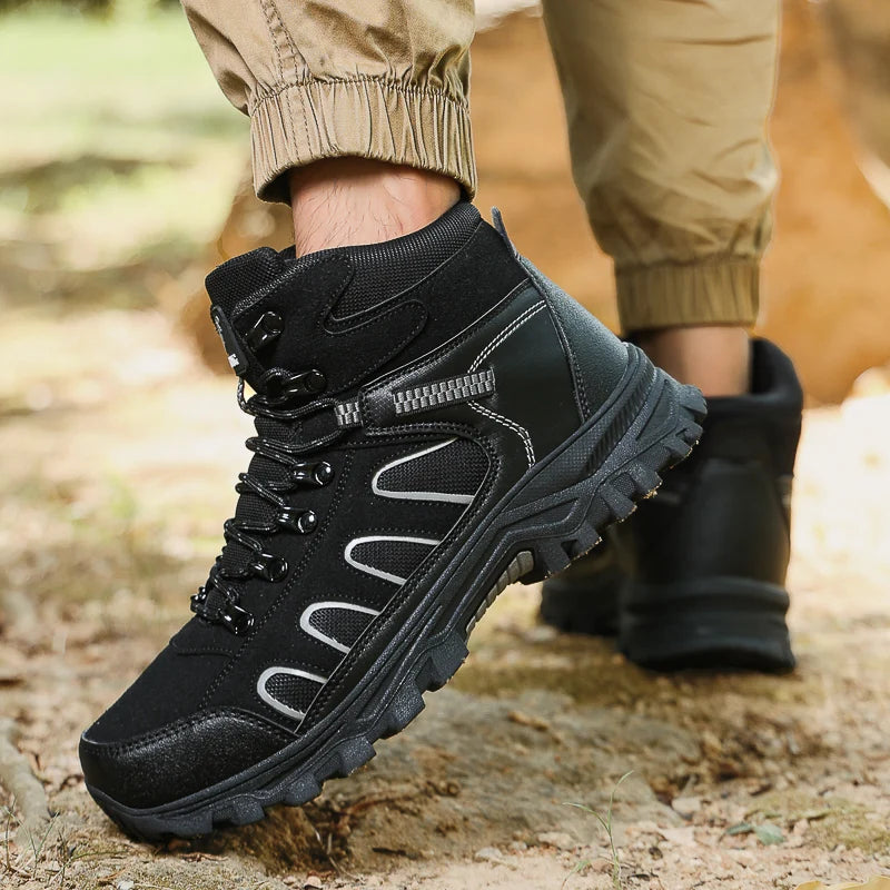 Mens Trekking Boots Thick Soles Wear-resistant Suede Leather Breathe Lace Up Sneakers Winter Warmth Comfort Camping Hiking Shoes