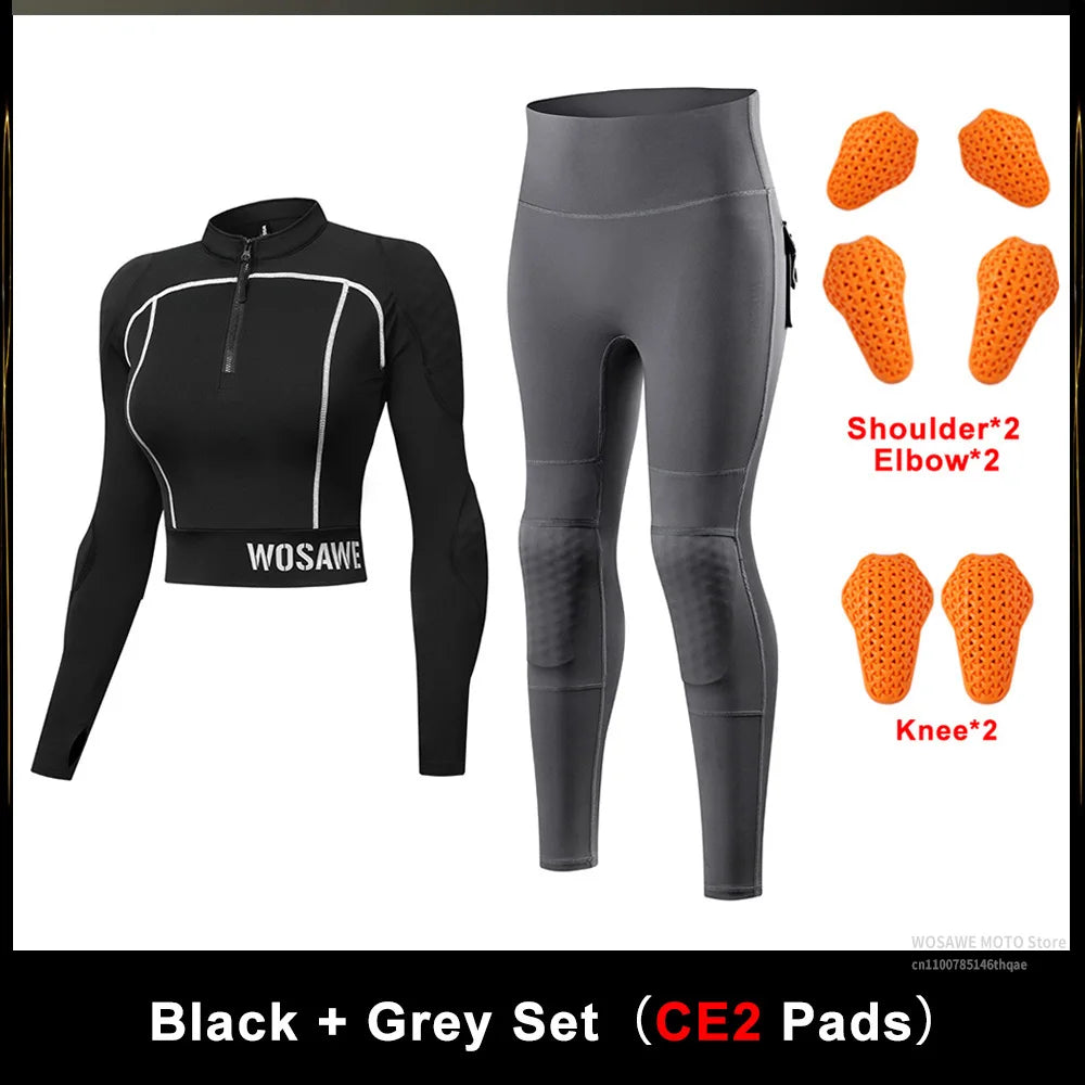 WOSAWE CE Level 1/2 Motorcycle Soft Armor Jacket Pants Set Women Biker Street Riding Clothing Sexy Fit Hip Lifting Training Wear