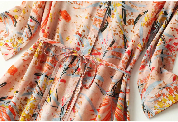 Women 100% Natural Silk Crepe Silk Beige Floral printed shirt Dress half sleeve split neck with belt midi dress L XL FF011