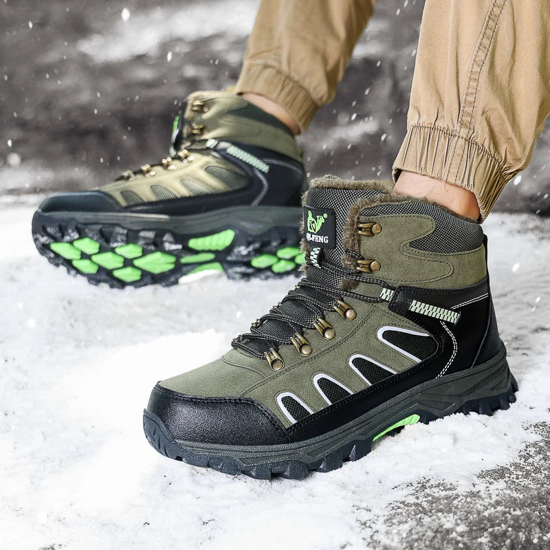 Mens Trekking Boots Thick Soles Wear-resistant Suede Leather Breathe Lace Up Sneakers Winter Warmth Comfort Camping Hiking Shoes