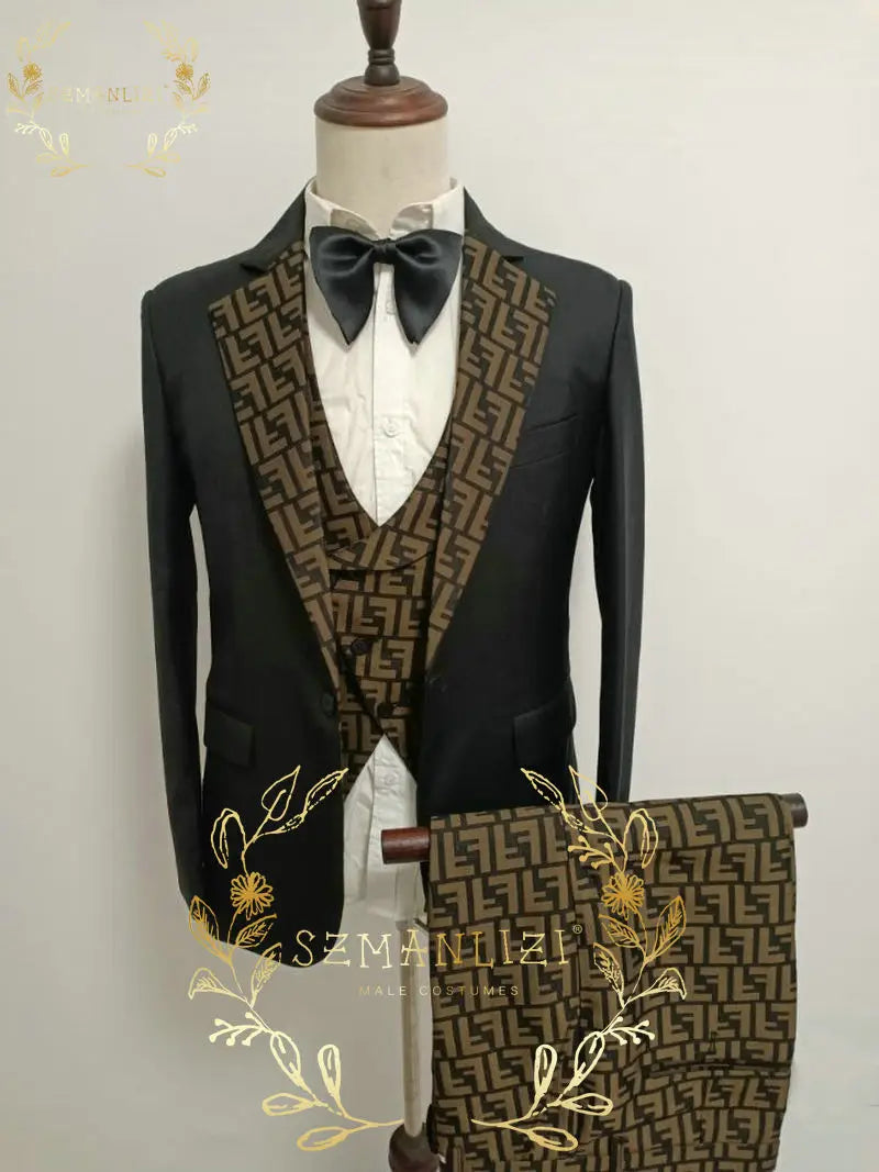 Blue Gold Jacquard Double Breasted Suit for Men Shawl Lapel Slim Fit Luxurious Fashion Statement Wedding Groom Stage Wear homme