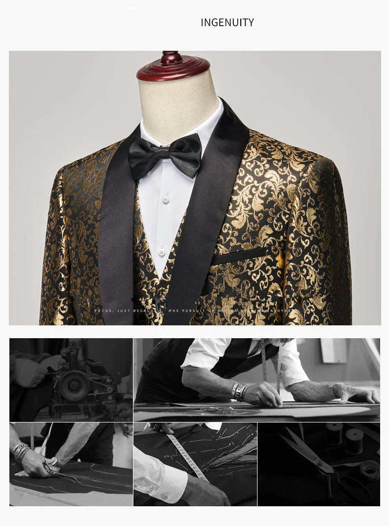 Fashion Men Luxury Wedding Suit Gold / Black / Burgundy / White Classic Homme Jacquard Tuxedo Dress Sets