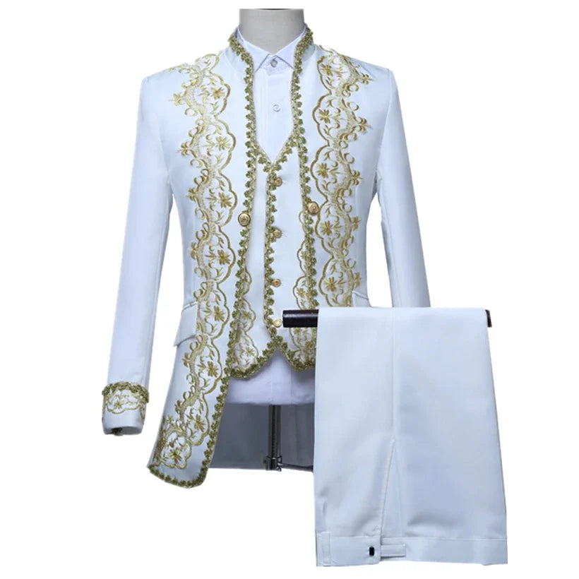 European Gold Vintage Tuxedo Men's Suit 3-Piece, Black Opera,Stage Performance Costume,White Men Sets S,M,L,XXL,3XL,4XL