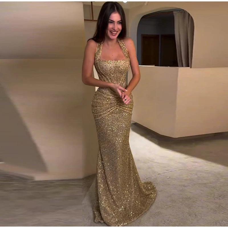 Women's Gold Sequin Halter Gown Square Neck Ruched Detail Mermaid Train Slim Fit Elegant Evening Party Formal Lady Fashion Dress