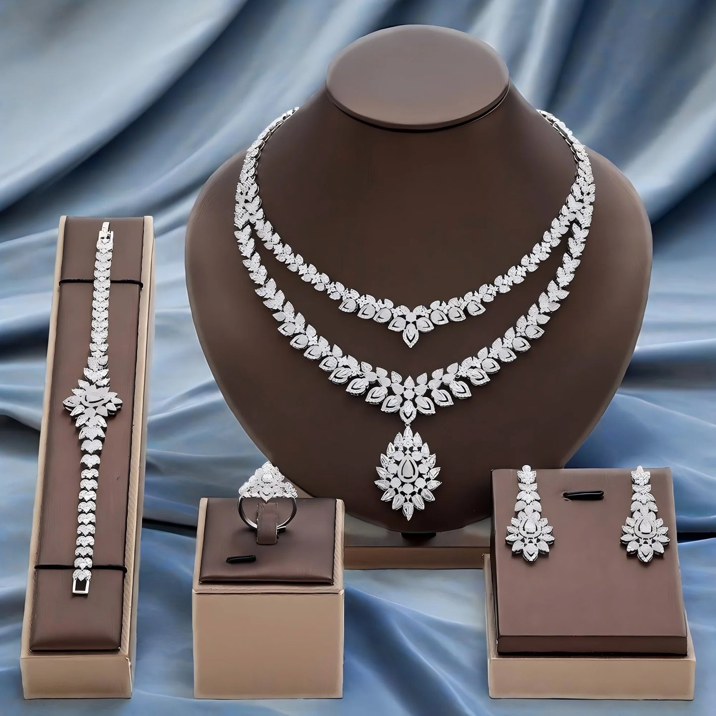 Fashion Zirconia UAE Dubai Bridal Jewelry Set For Women Double Layer Wedding Necklace Set 4pcs Jewelry Accessories