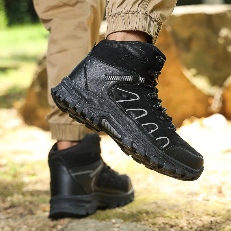 Mens Trekking Boots Thick Soles Wear-resistant Suede Leather Breathe Lace Up Sneakers Winter Warmth Comfort Camping Hiking Shoes