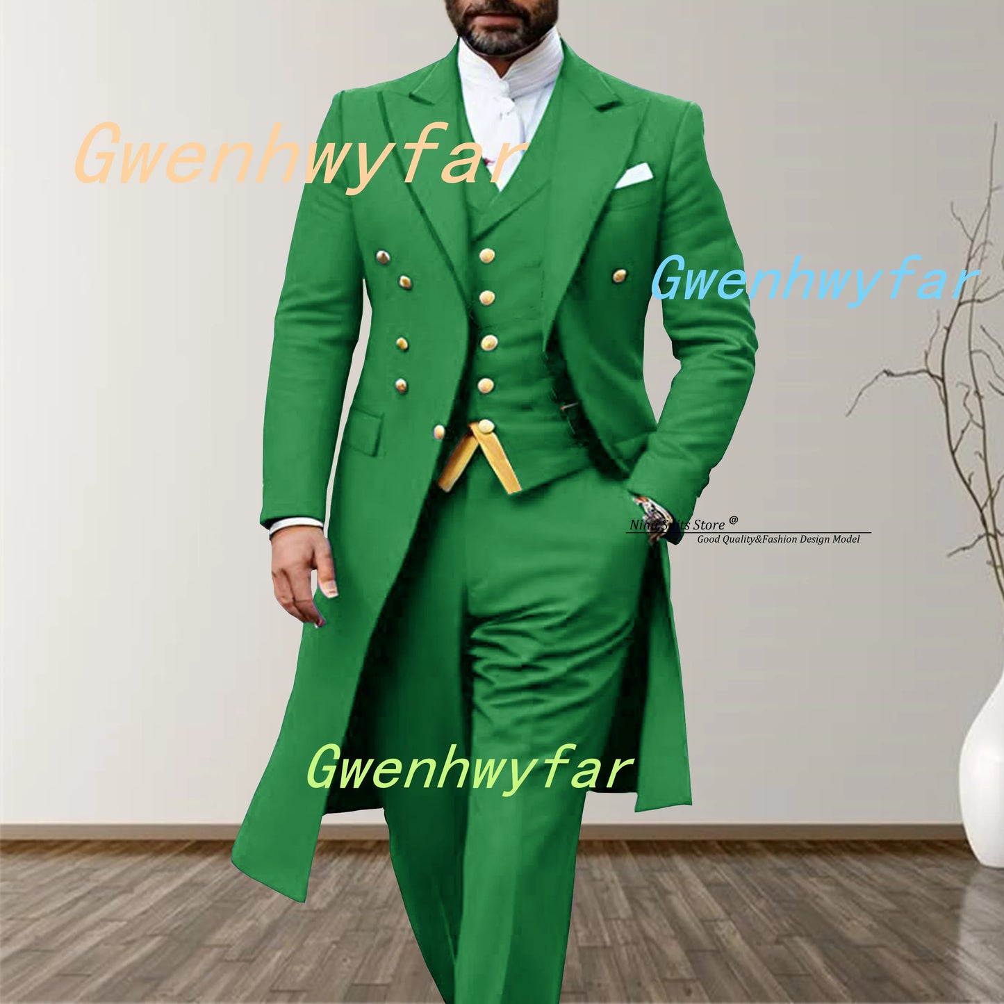 Gwenhwyfar 2025 Elegant Long Men's Suits 3-piece set of Turquoise Men's Wedding Costume with Golden Stitching Vest Casual Pants