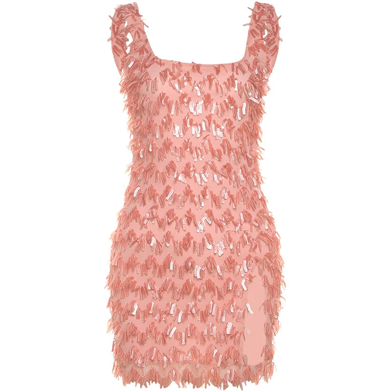 Nibber Fashion Sequins Tassel Mini Dress Women Summer New Trend Square Collar Sleeveless Backless Splits Hem Midnight Outfits