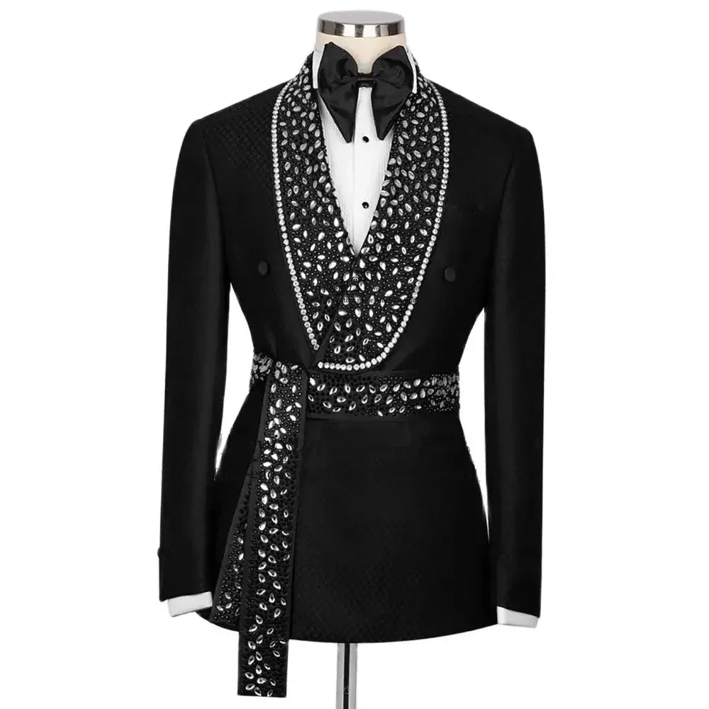 Black Men Suits Set 2 Pieces Blazer+Pant+Belt Crystal Beadding Prom Groom Wedding Tuxedo Tailored Made Formal Party Outfit