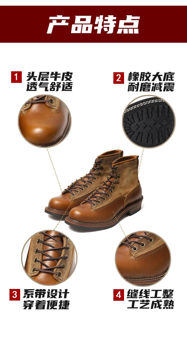 KOWM Hiking shoes cowhide men's trekking boot British ankle casual sneakers trekking shoes thick soled high top motorcycle boots