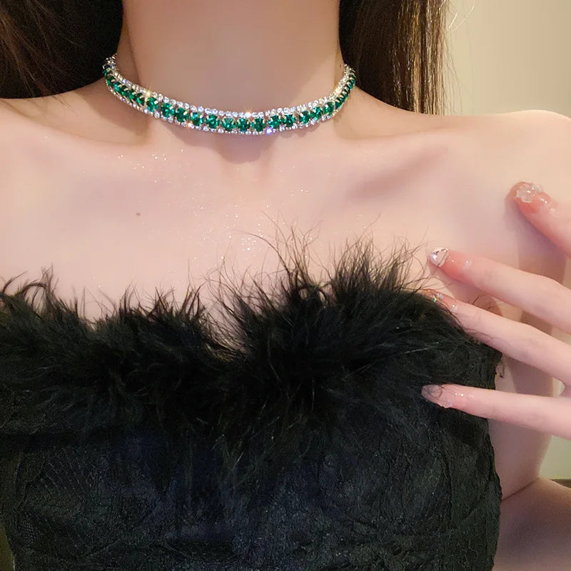 Luxury Green Rhinestone Necklace Stud Earrings For Women Crystal Choker Necklaces Ladies Fashion Weddings Banquet Jewelry Set