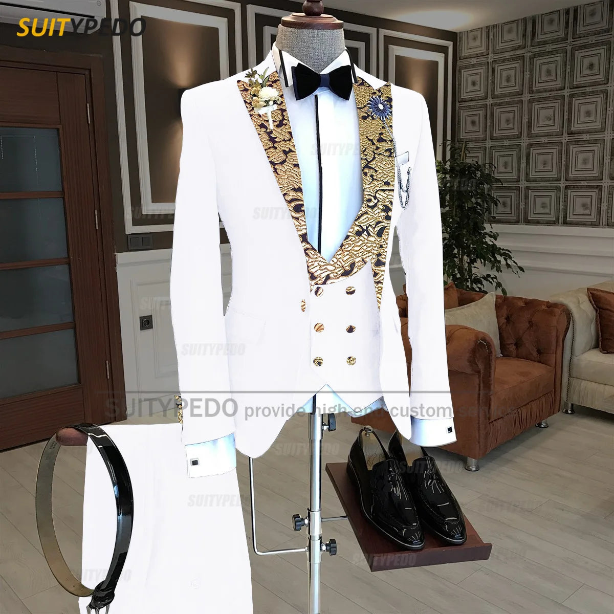 Luxury Men Suits Gold Printed Collar Formal Prom Male Elegant Costume Jacket Vest Pants 3 Pieces Wedding Party Fashion Tuxedos