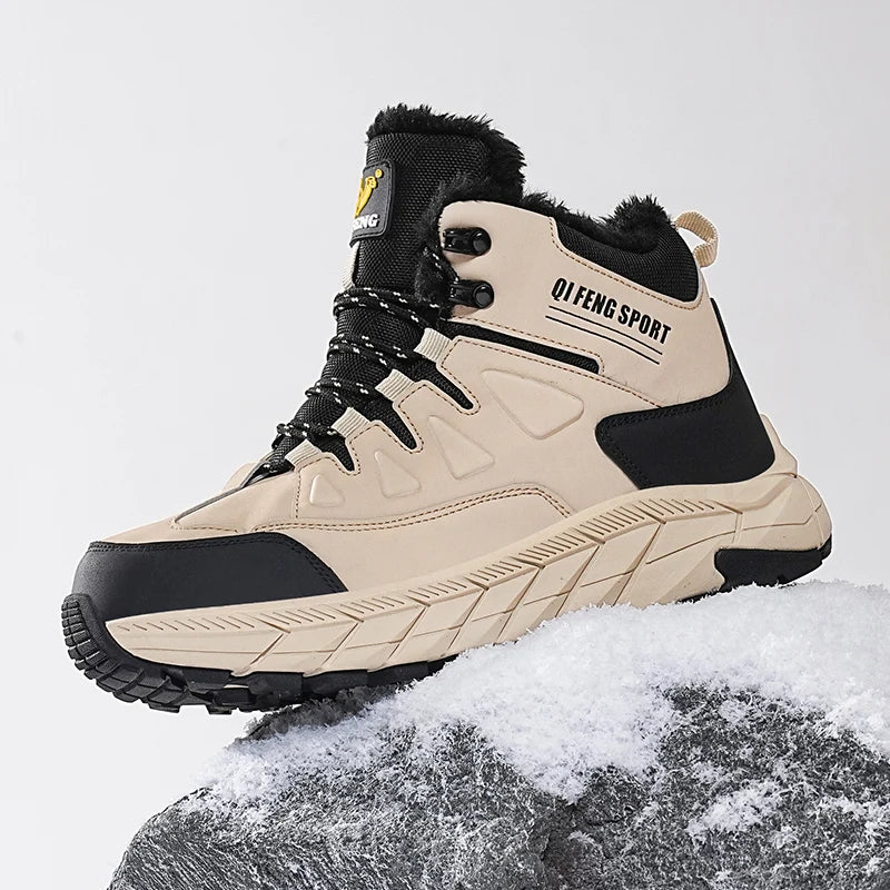 Large Size 48 Leather Hiking Boots Mens Winter Outdoor Warm Fur Non Slip 2025 Fashion Hike Ankle Boot Black Hunting Boots Rubber