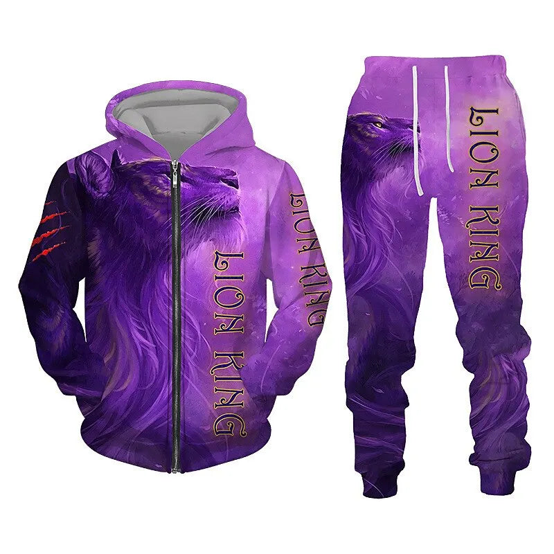 Men's Zip Hoodie Tracksuit Full Hoodies Set Lion Graphic Zipper 2 Piece Hooded Sports Outdoor Casual Sports 3D Print Streetwear