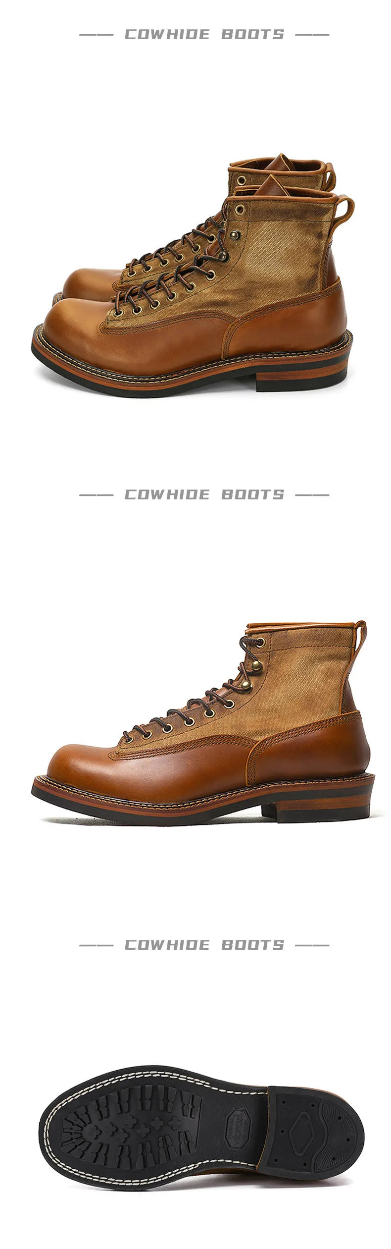 KOWM Hiking shoes cowhide men's trekking boot British ankle casual sneakers trekking shoes thick soled high top motorcycle boots