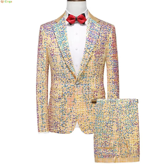 2024 Gold Sequined  Mens Suit Two Piece,Wedding Party Dress Jacket and Trousers,Asian Size Mens Stage Performance Sets, 2024 New
