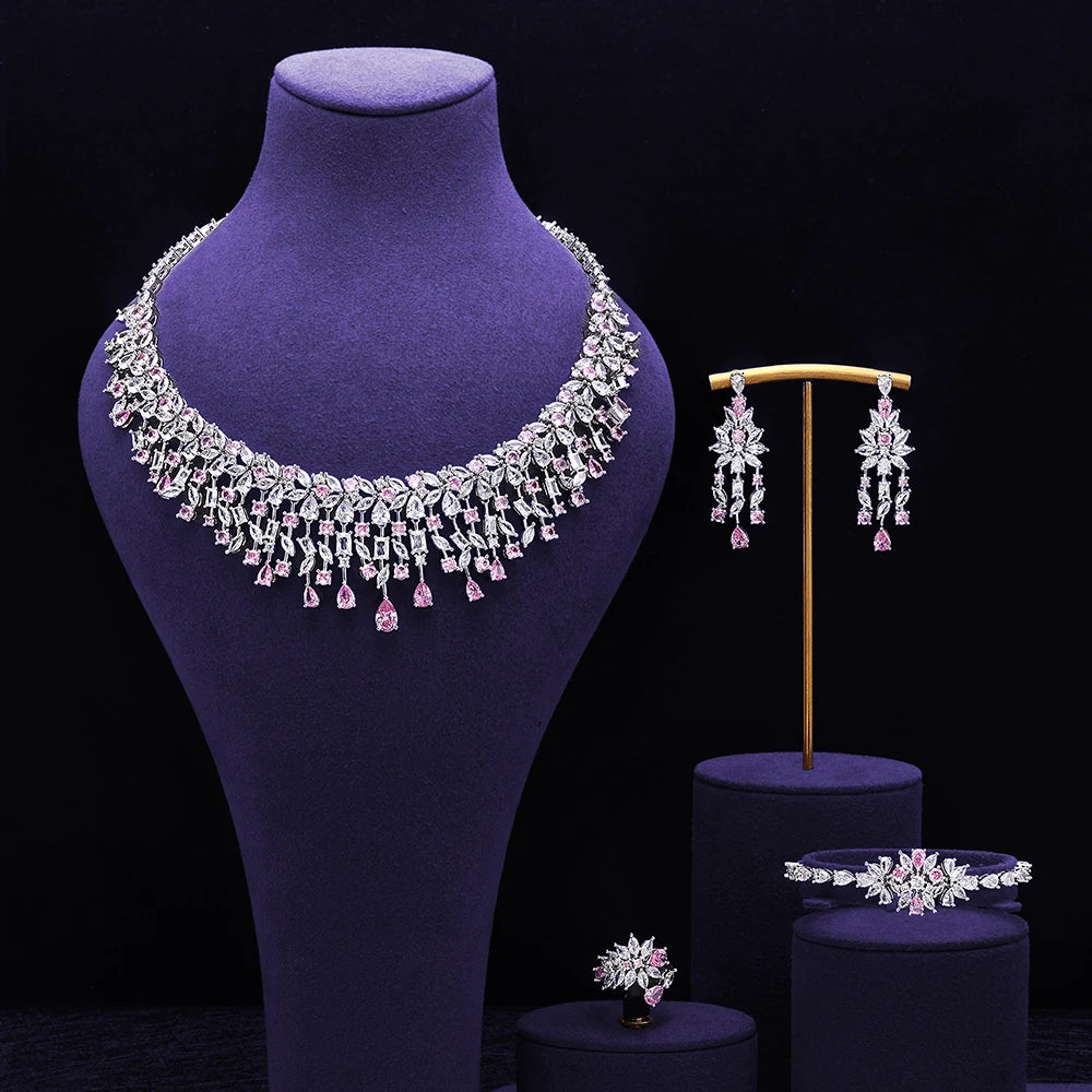 Luxury 4pcs Bridal Wedding Jewelry Set Cubic Zirconia Dubai Tassels Necklace Earrings Sets for Women Party Dress