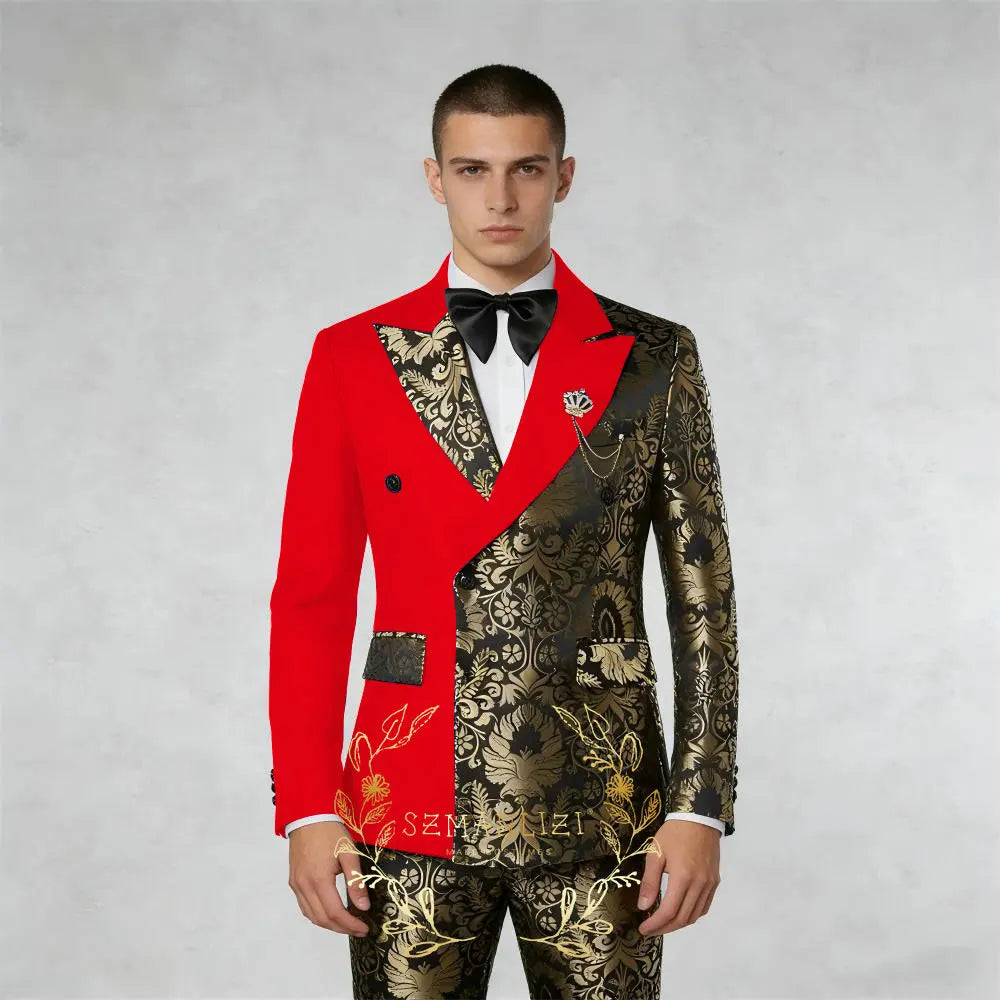 Black And Gold Floral Men's Suit 2 Piece Double Breasted Jacket Wedding Groom Tuxedo Formal Blazer Pants Sets terno masculino
