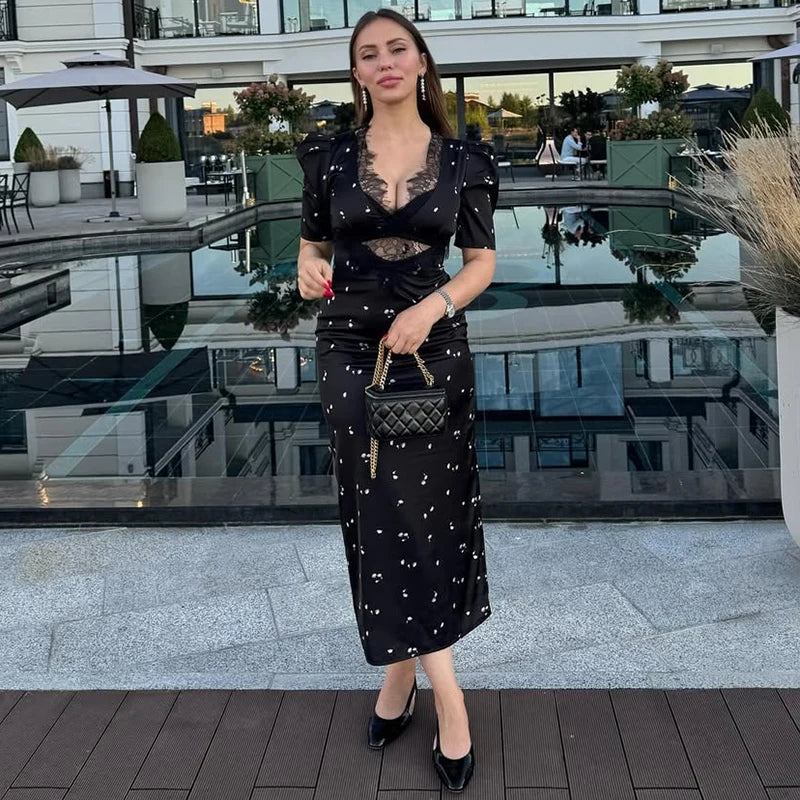 TARUXY Sexy Hollow Lace Dress Women's Fashion Short Sleeve Elegant High Waist Slim Print Dress Summer Party Club Clothes Female