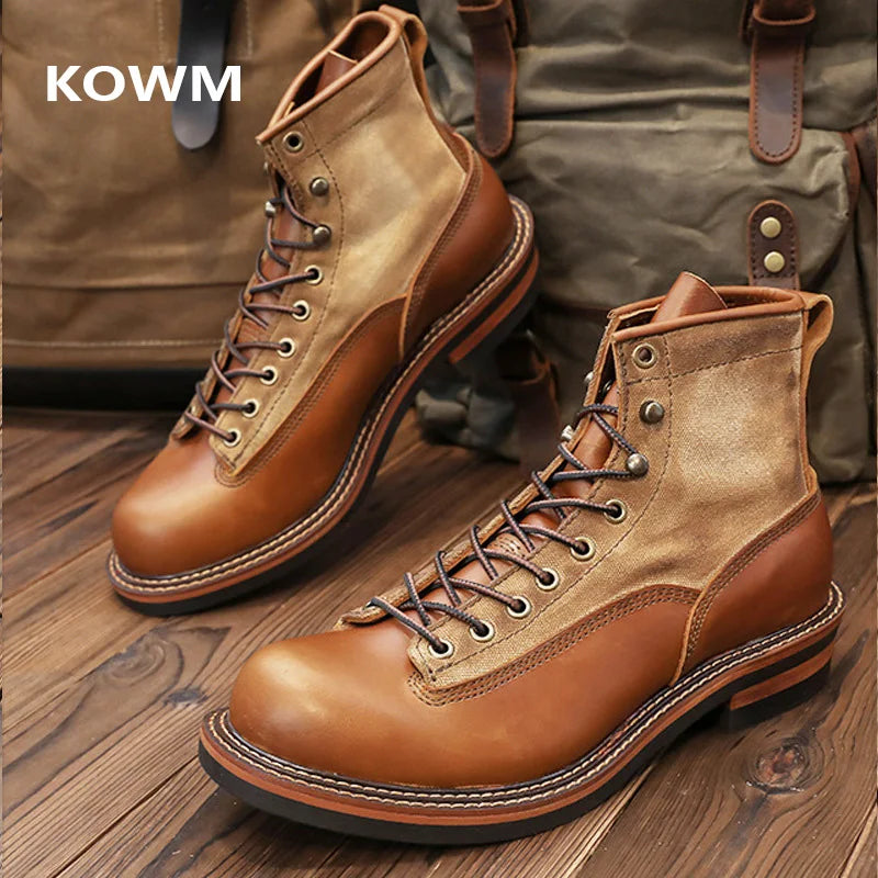 KOWM Hiking shoes cowhide men's trekking boot British ankle casual sneakers trekking shoes thick soled high top motorcycle boots