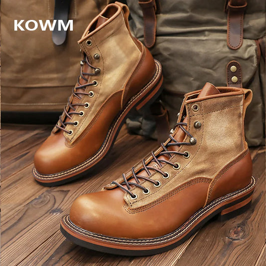 KOWM Hiking shoes cowhide men's trekking boot British ankle casual sneakers trekking shoes thick soled high top motorcycle boots