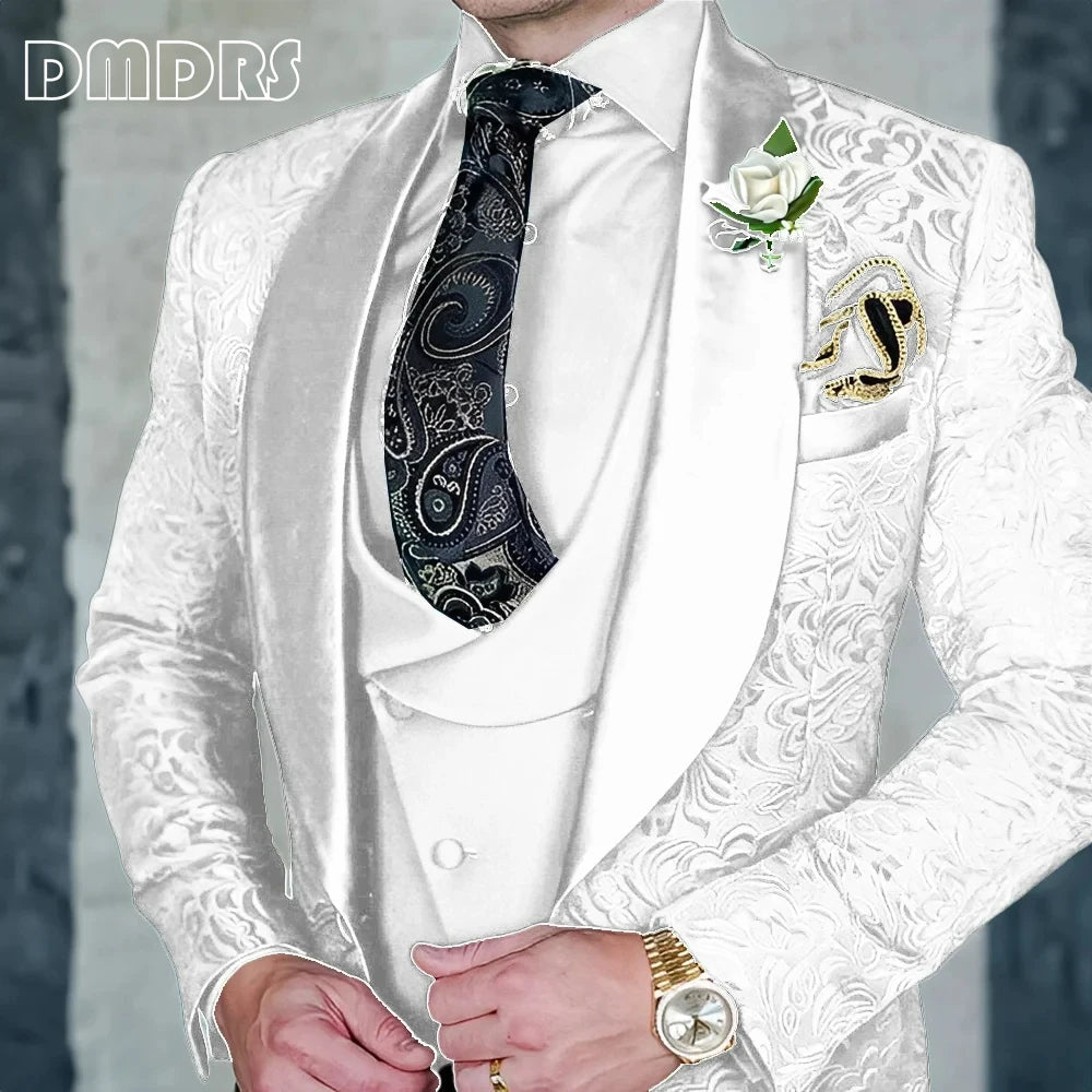 DMDRS | Jacquard Men's 3-piece Suit Set Formal Party Dress Groom's Tuxedo High Quality Elegant Men's Customized Outfit