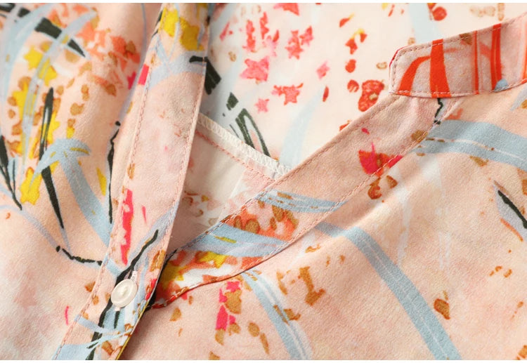 Women 100% Natural Silk Crepe Silk Beige Floral printed shirt Dress half sleeve split neck with belt midi dress L XL FF011