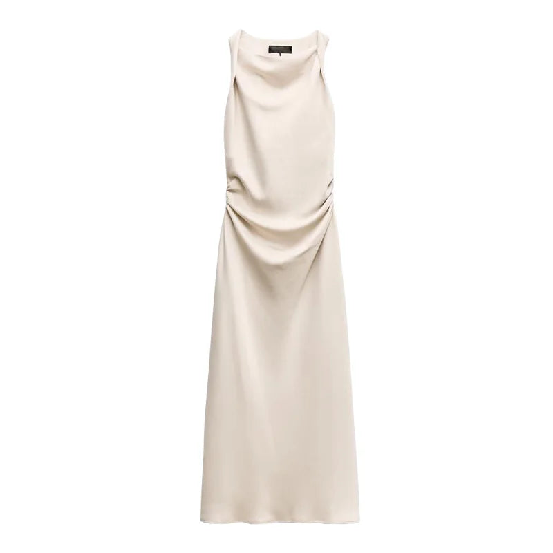 Early Autumn Silk Satin Texture Midi Dr High Waist A-Line Skirt No Sve round Ne Par Dr for Ladies in Their 20s