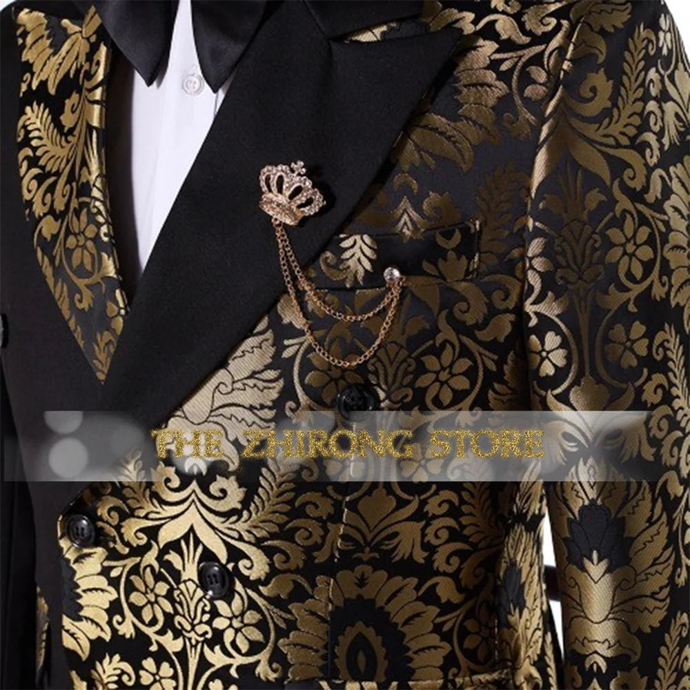 Black Gold Jacquard Suit of Mens 2pcs Double Breasted Jacket Pants Tailored Clothes for Wedding Grooms Banquet Party Tuxedo