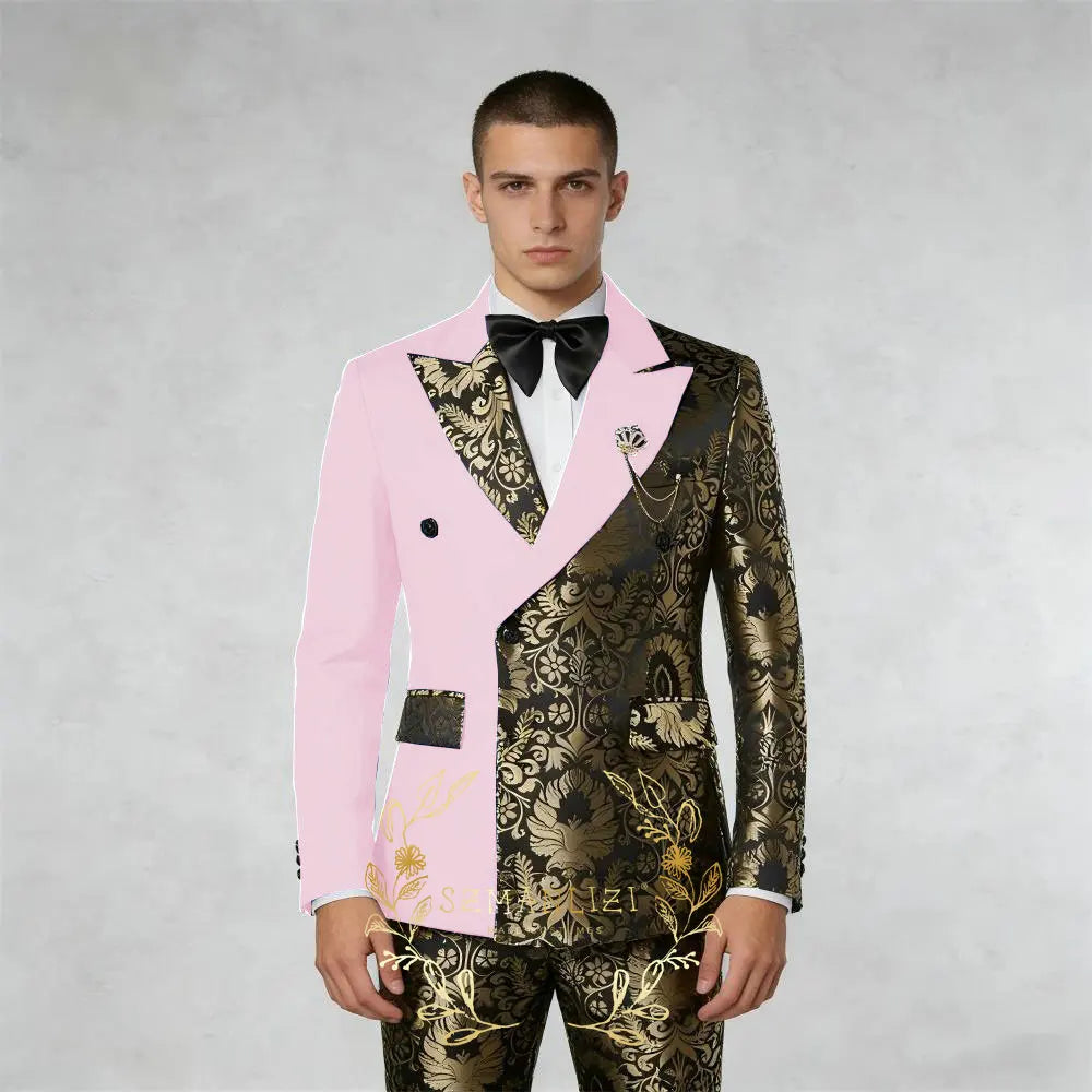 Black And Gold Floral Men's Suit 2 Piece Double Breasted Jacket Wedding Groom Tuxedo Formal Blazer Pants Sets terno masculino