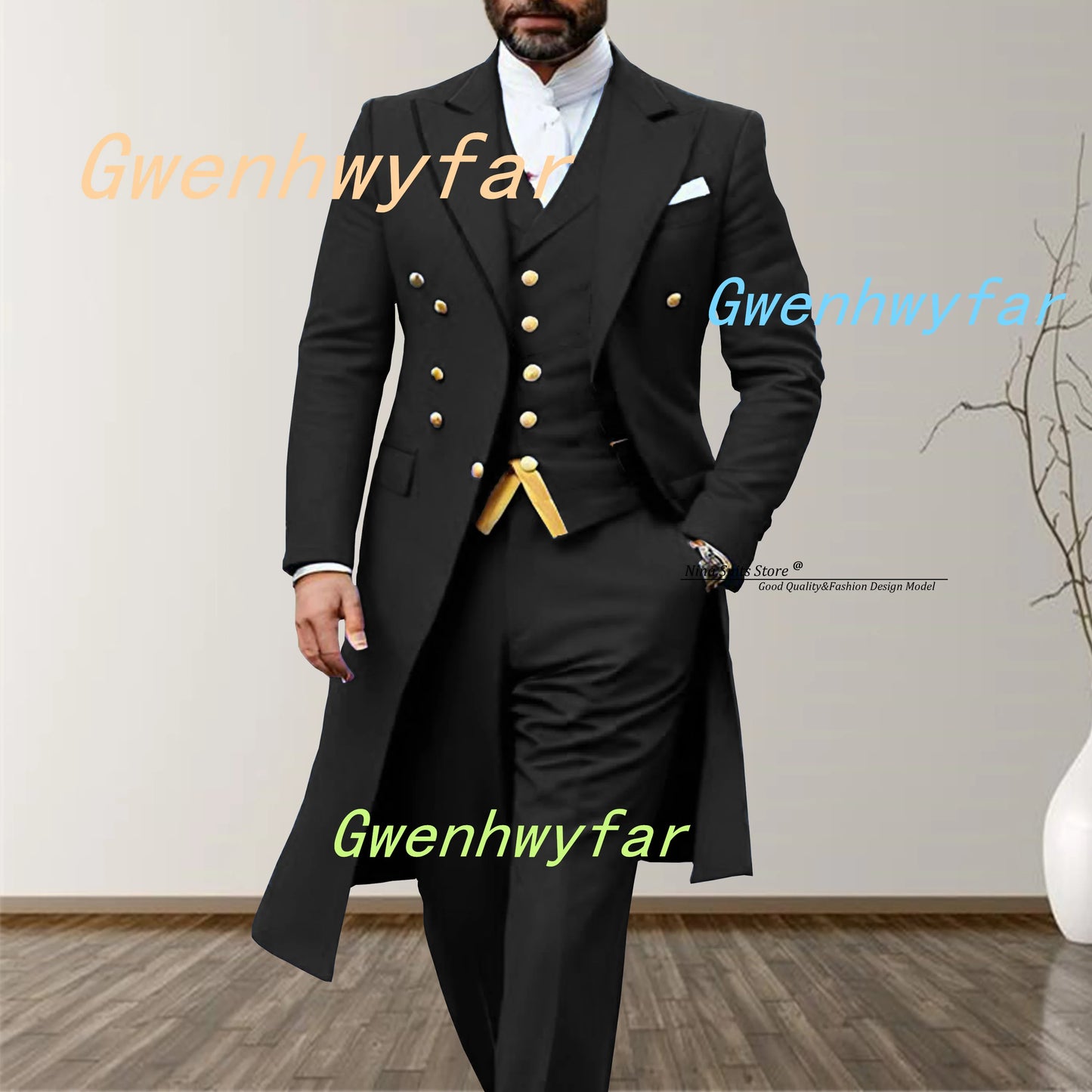 Gwenhwyfar 2025 Elegant Long Men's Suits 3-piece set of Turquoise Men's Wedding Costume with Golden Stitching Vest Casual Pants
