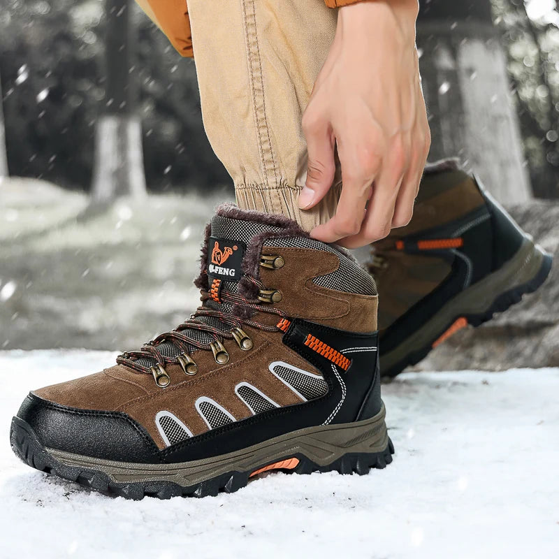 Mens Trekking Boots Thick Soles Wear-resistant Suede Leather Breathe Lace Up Sneakers Winter Warmth Comfort Camping Hiking Shoes