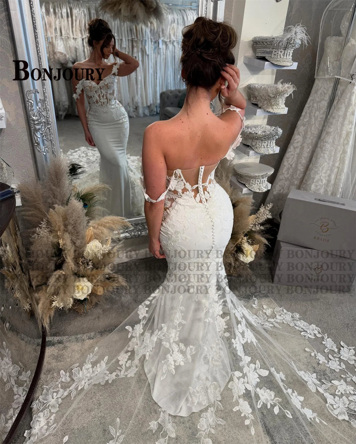 BONJOURY Charming Wedding Dress Mermaid Appliques Button Off the Shoulder Court Train Vestidos De Novia Brautmode Customized