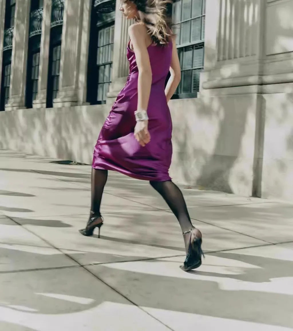 Early Autumn Silk Satin Texture Midi Dr High Waist A-Line Skirt No Sve round Ne Par Dr for Ladies in Their 20s