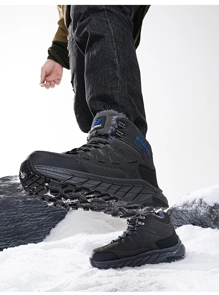 Large Size 48 Leather Hiking Boots Mens Winter Outdoor Warm Fur Non Slip 2025 Fashion Hike Ankle Boot Black Hunting Boots Rubber