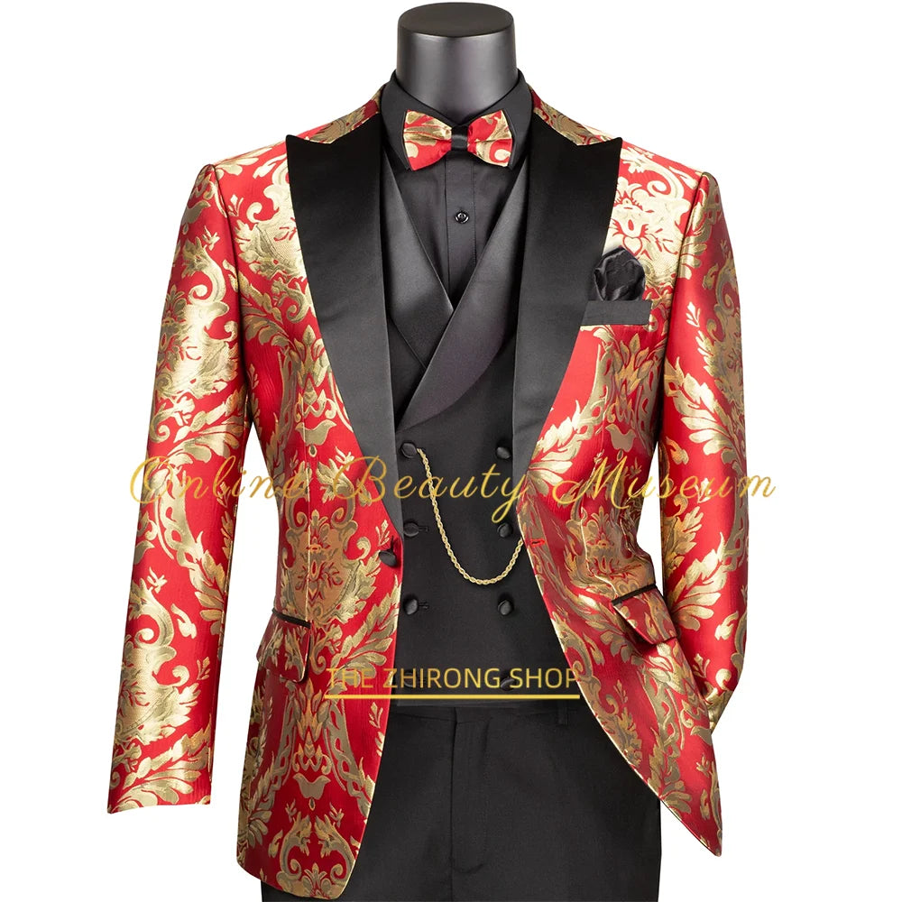 Chic Men's Modern Fit 3-Piece Suit Black Gold Jacquard Blazer Vest Pants Tailored Wedding Clothes for Groom Prom Dinner Party