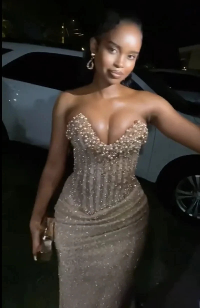 Long Prom Dresses For Black Girls Mermaid Sparkly Pearls American African Evening Gowns Birthday Party Robe Customized