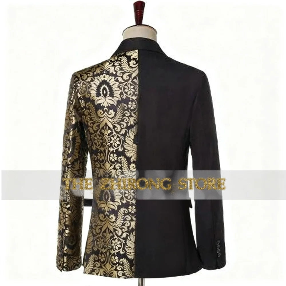 Black Gold Jacquard Suit of Mens 2pcs Double Breasted Jacket Pants Tailored Clothes for Wedding Grooms Banquet Party Tuxedo