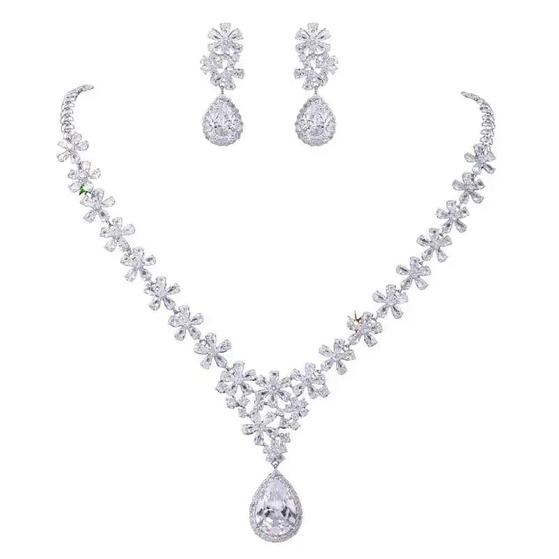 Charm Flower Lab Diamond Jewelry Set 14K White Gold Engagement Wedding Earrings Necklace for Women Bridal Promise Gift