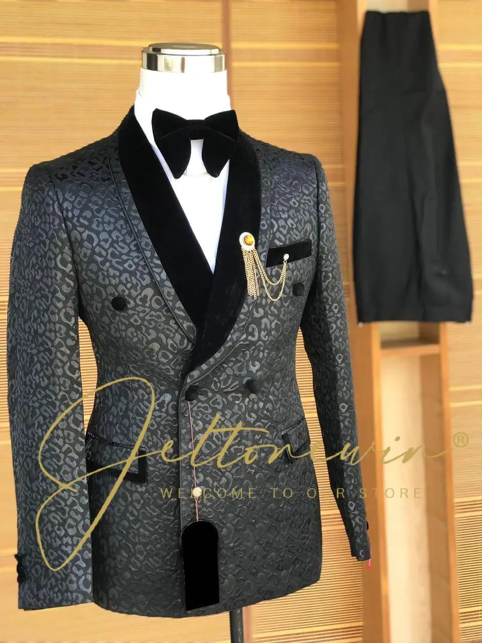 Blue Gold Jacquard Double Breasted Suit for Men Shawl Lapel Slim Fit Luxurious Fashion Statement Wedding Groom Stage Wear homme