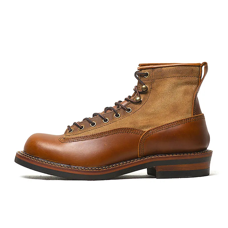 KOWM Hiking shoes cowhide men's trekking boot British ankle casual sneakers trekking shoes thick soled high top motorcycle boots
